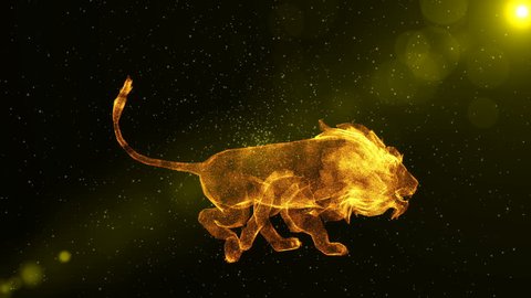 Lion, abstract wild animal running through particles, fantasy 3D animation
