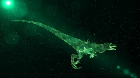 Green Velociraptor, prehistoric extinct dinosaur running through particles, fantasy 3D scene