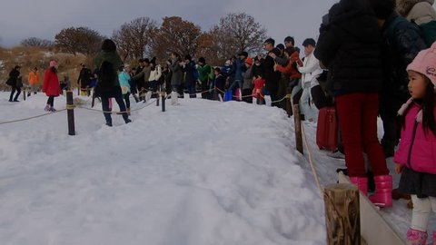 Otaru, Hokkaido, Japan-December 25,2017: Visitors of Otaru Aquarium, Hokkaido, Japan at seeing adorable Penguin Snow Walk Show