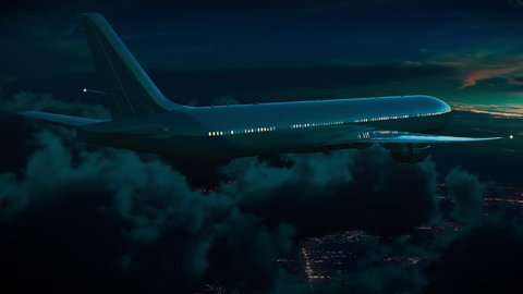 Commercial Passenger Jet Plane Flying Above Night City, Distant Lights and Dark Clouds in Moonlight