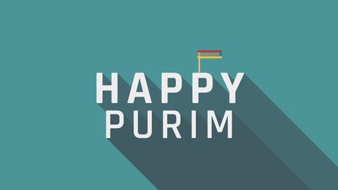 Purim holiday greeting animation with gragger icon and english text "Happy Purim". flat design loop.