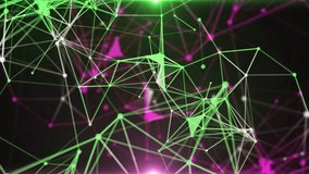 Plexus of abstract green and pink geometrical lines with moving triangles and dots on a black background. Loop animations.