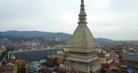 AERIAL: Turin landscape with Mole Antonelliana. Italy.