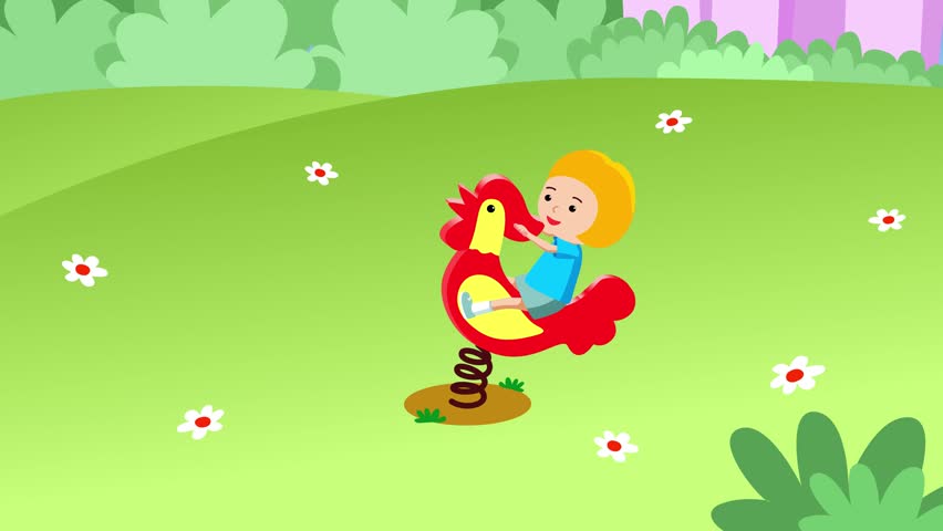 Girl rocking on a rooster swing on a green grass. Seamless looping