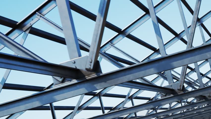 03149 Camera moving along the loopable steel roof truss on a clear sky background. Royalty-Free Stock Footage #1007150062