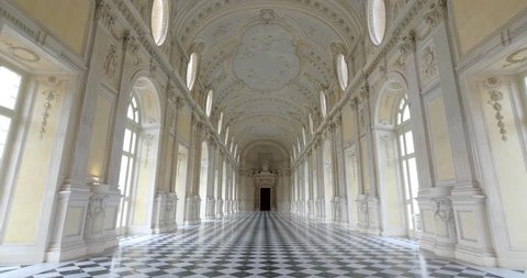 TURIN, ITALY - CIRCA FEBRUARY, 2018: POV Walking inside Diana Gallery in Venaria Royal Palace - Reggia Venaria. It was the former royal residence of the Savoy family.