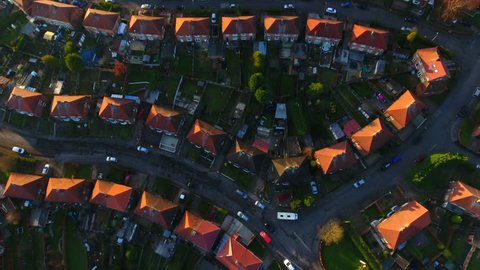 Aerial drone shot of British housing council estate in the UK, English house and homes from above, semi detached 
