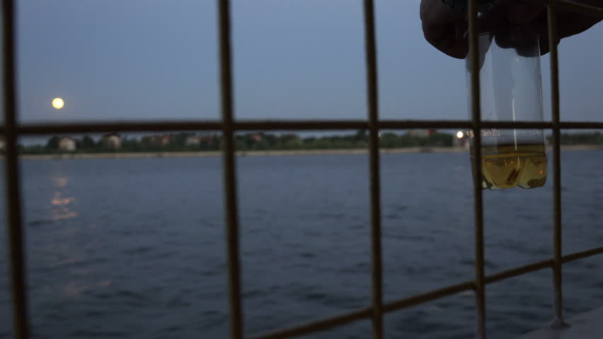 residues of a frothy drink on the bottom of a plastic bottle behind a lattice fence.