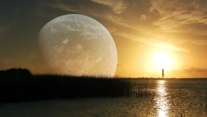 4k Fantasy or Sci-fi futuristic landscape.  Low setting sun with wonderful reflection and large planet with moons in sky with a large rocket taking off in the distance with an enormous plume of smoke.