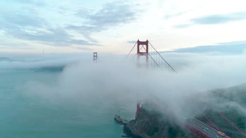 Golden Gate Bridge. Aerial of the Golden Gate Bridge in San Francisco in a misty day. Aerial California, USA, 4k
