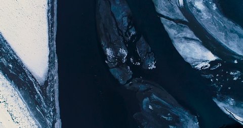 frozen river in aerial view, iceland