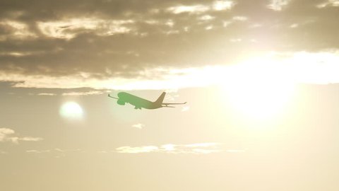 Airplane gaining height after taking off. Silhouette of jet flying at sunset against golden sky and bright sunlight