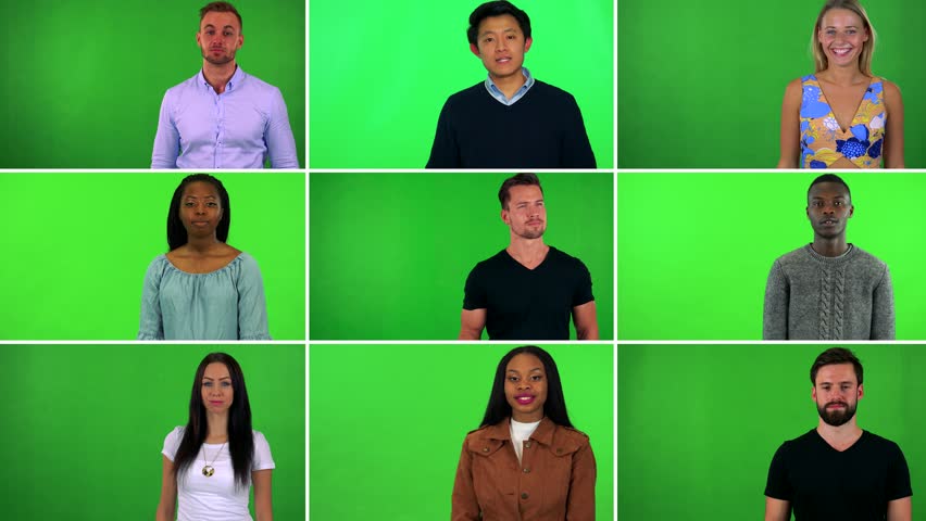 4K compilation (montage) - group of nine people talk to the camera - green screen Royalty-Free Stock Footage #1007180647