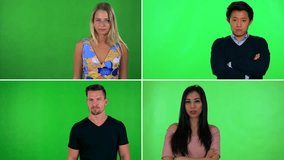 4K compilation (montage) - four people frown at the camera and shake their heads - green screen