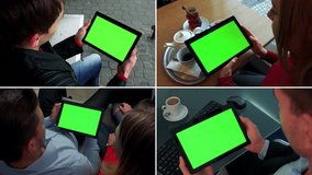 4K compilation (montage) - group of people look at tablets with green screen in various environments - closeup