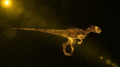 Velociraptor, prehistoric extinct dinosaur running through particles, fantasy 3D animation
