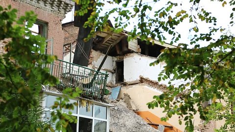 Destruction of the house from gas explosion. Ruins of building after gas explosion inside living premise, Kiev, Ukraine. Building to be demolished