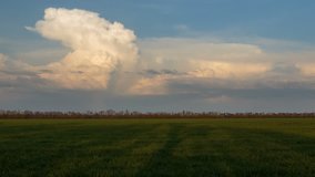 Russia, time lapse. The movement of clouds in the spring in the steppe part of the Crimea peninsula at Cape Opuk.
