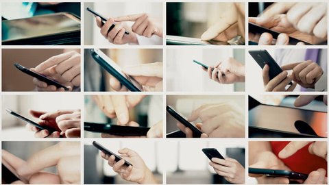 Collage of different people hands texting or typing SMS on smartphones. They using cell phones and smart phones. Technology and communication concept. 8K UltraHD (UHD) video