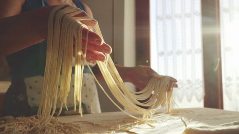 Handmade pasta - Spaghetti - Italy- Slowmotion