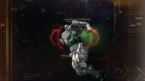 Game like SciFi animation, Crosshair target locked on a space battle robot.