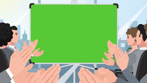 Cartoon corporate animation. Business people meeting in the office with green board. Applause with transparent background