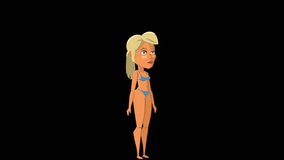 Cartoon Situations Nancy Pack 1. Fitness Bikini Girl Character Walk Cycle Animation with Alpha Channel. Right, left and front side animated loop isolated set for Explainer video