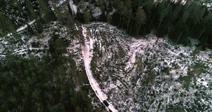 Car in a frozen forest, Cinema 4k aerial view following above a black suv vehicle, on a road between frosty pine trees, on a sunny winter, evening dawn, in Uusimaa, Finland 