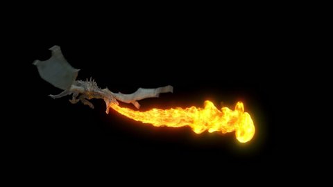Animated realistic Dragon flying and breathing flame. High Quality Seamless loop with alpha channel in 2K resolution, ProRes 4444 codec, 25 FPS.