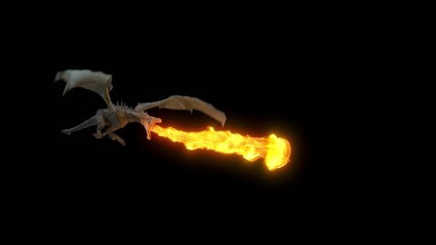 Animated realistic Dragon flying and breathing flame. High Quality Seamless loop with alpha channel in 2K resolution, ProRes 4444 codec, 30 FPS.