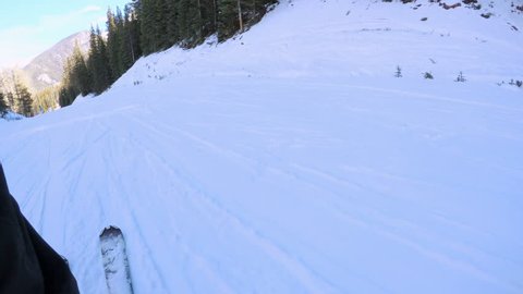 Colorado, USA-December 2, 2017. POV point of view. Skiing Colorado Rockies in early ski season.