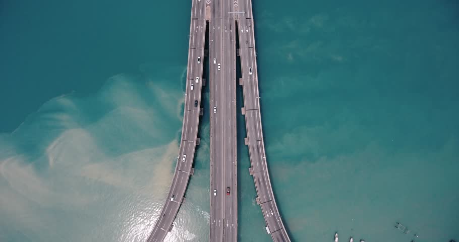 An aerial view of Penang Bridge . Top view panning to front view