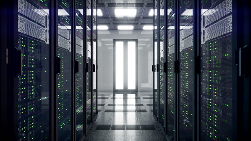 Servers racks walkthrough in Modern data center. Cloud computing datacenter server room. Cloud computing data storage 3d rendering. 4k UHD animation