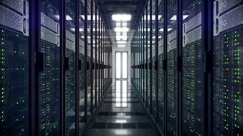 Servers racks walkthrough in Modern data center. Cloud computing datacenter server room. Cloud computing data storage 3d rendering. 4k UHD animation