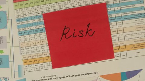 Sticker with a word “risk” against the background of  business documents
