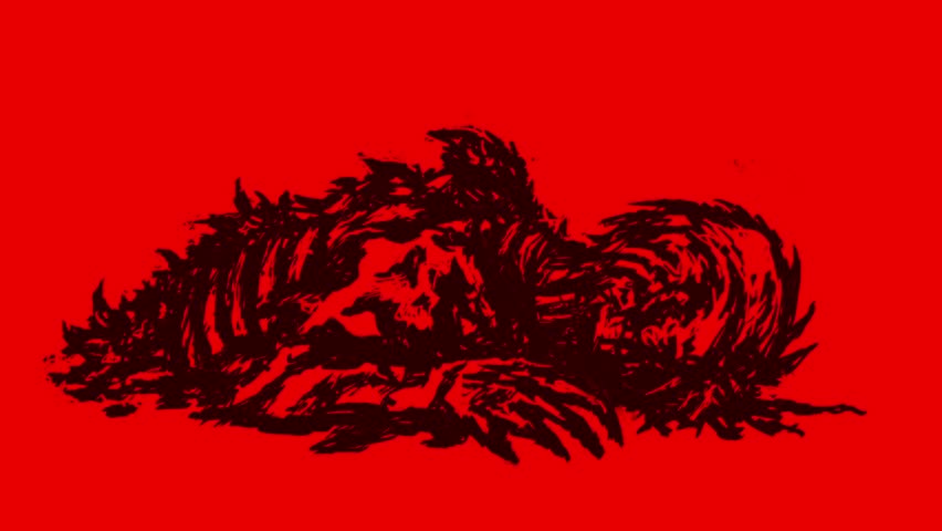 Zombie raises her head from the dirt and looks at the camera. Animation in genre of horror. Scary monster character on red background.