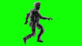 Silhouette of a zombie soldier in helmet is running. Genre of horror. Looped animation. Scary monster character profile. Side view on a green background.