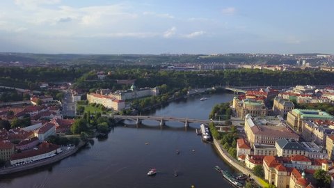 Czech Republic Prague Aerial v5 Flying low over Vltava River area cityscape views 8/17
