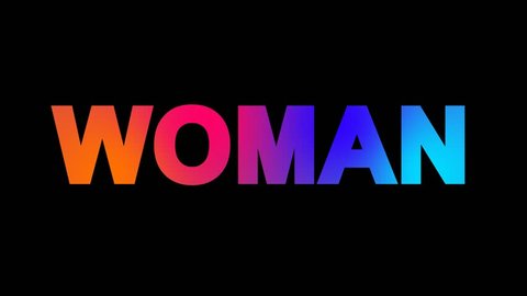 text WOMAN multi-colored appear then disappear under the lightning strikes changing color. Alpha channel Premultiplied - Matted with color black