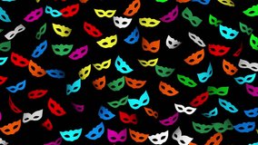 Multicolored Venetian carnival masks on a black background. 4K, 3840x2160. Looped video.