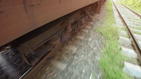 Bogie of a passenger car rattles and clanks as the train passes along a section of steel track in Sri Lanka. UltraHD 4k video with sound.