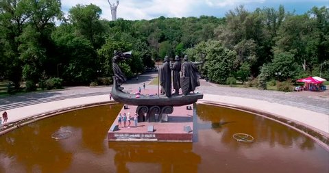 Aerial shot of a Monument to the founders of Kiev. 20. August. 2017. The monument to the founders of Kiev was established in 1982 in honor of the founders of Kiev. Horeb, Kiy, Shchek and Sister Lybid.