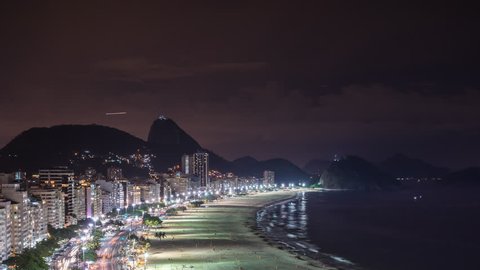 Copacabana Beach street traffic at night Time Lapse, Brazil