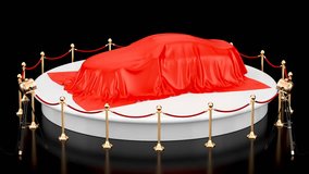 Presentation of car concept, podium with auto covered red cloth, revolves around, animation concept. 3D rendering isolated on black background