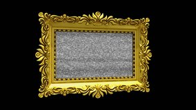 Luxury gold picture frame rotates on black background. Intro with tv noise and green screen, 3d animation. - Powered by Shutterstock - Get 15% off with code: PIKWIZARD15