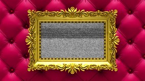 Red luxury upholstery on background. Tv noise and green chroma key plays on the screen in ornate gold picture frame. 3D animated intro. - Powered by Shutterstock - Get 15% off with code: PIKWIZARD15