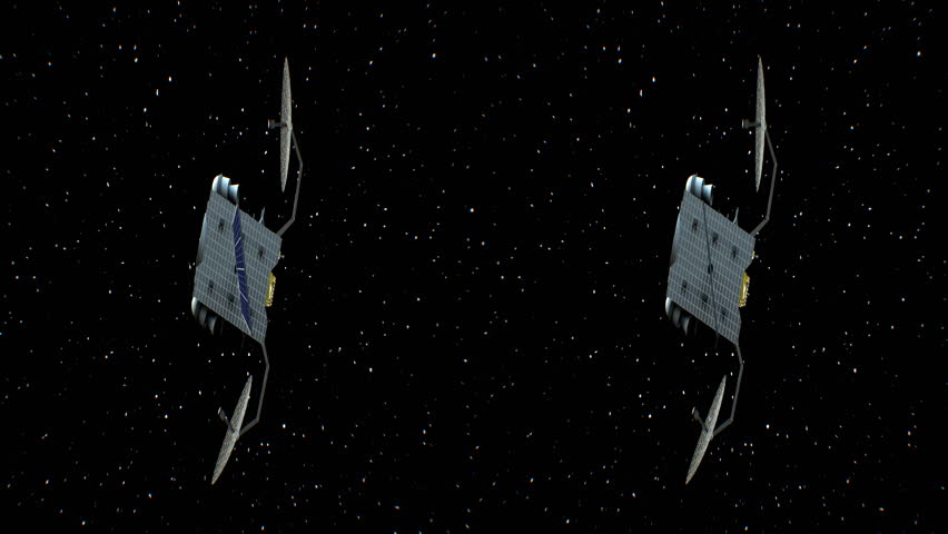 Horizontal anamorphic stereo pair, fictional artificial satellite rotates on stars background, seamless loop, 3d animation