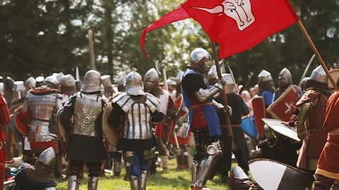 Dudutki, Belarus - July19, 2014: Historical Restoration Of Knightly Fights On Festival Of Medieval Culture. Knights In Fight With Swords. Traditional Tournament