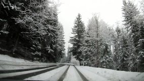 POV video: Driving on a road while snowing in Germany