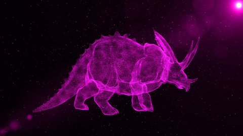 Triceratops, prehistoric extinct dinosaur walking through particles, fantasy 3D animation